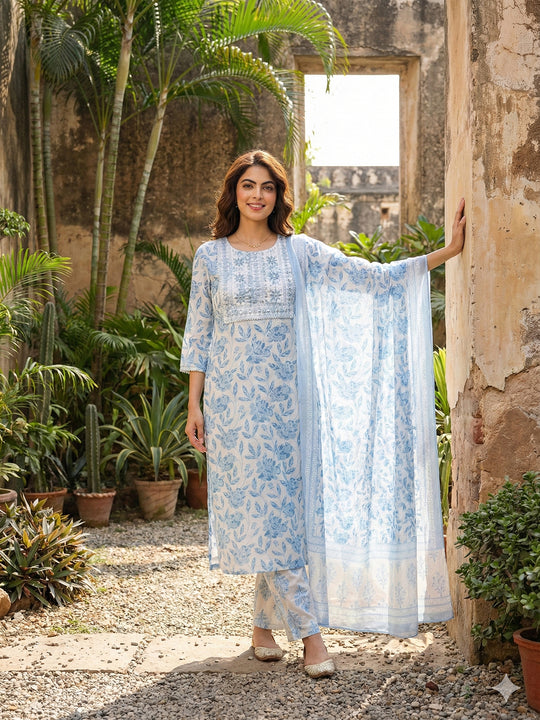 Jaitpuriya Sky Blue And White Pure Cotton Straight Regular Kurta Set