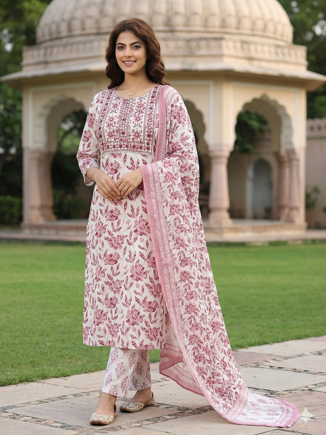 Jaitpuriya Maroon And White Pure Cotton Straight Regular Kurta Set