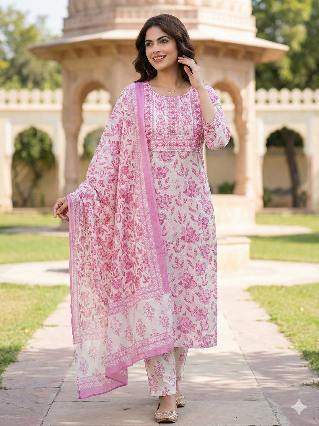 Jaitpuriya Pink And White Pure Cotton Straight Regular Kurta Set