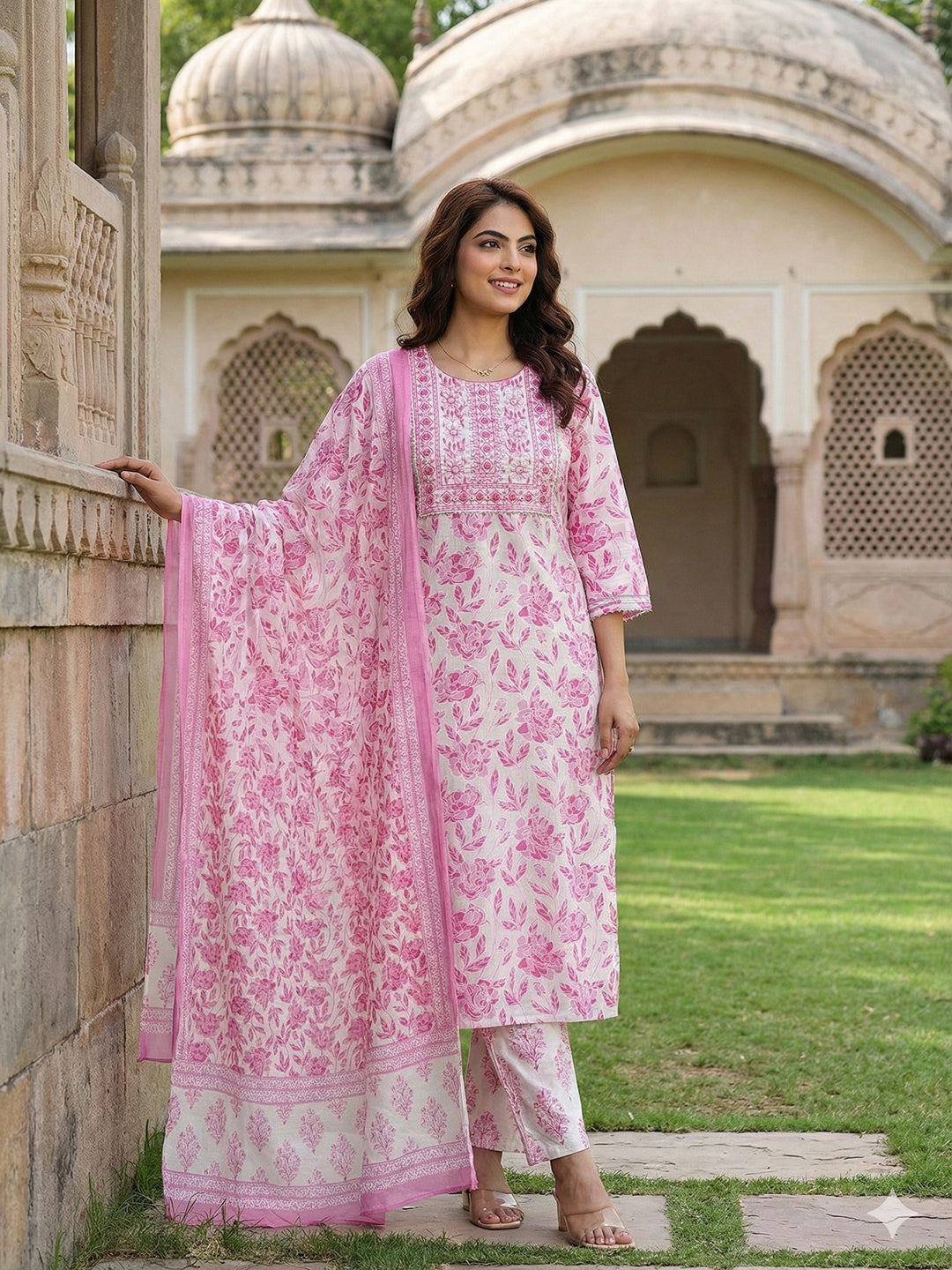 Jaitpuriya Pink And White Pure Cotton Straight Regular Kurta Set