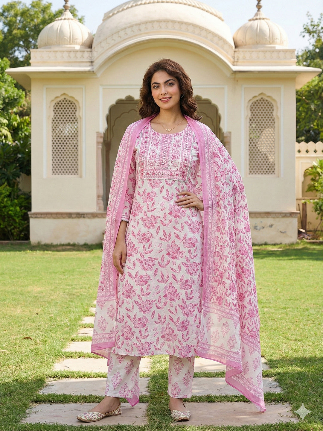 Jaitpuriya Pink And White Pure Cotton Straight Regular Kurta Set
