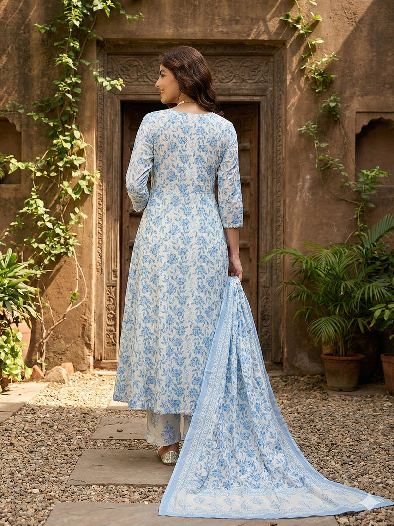 Jaitpuriya Sky Blue And White Pure Cotton Anarkali Regular Kurta Set