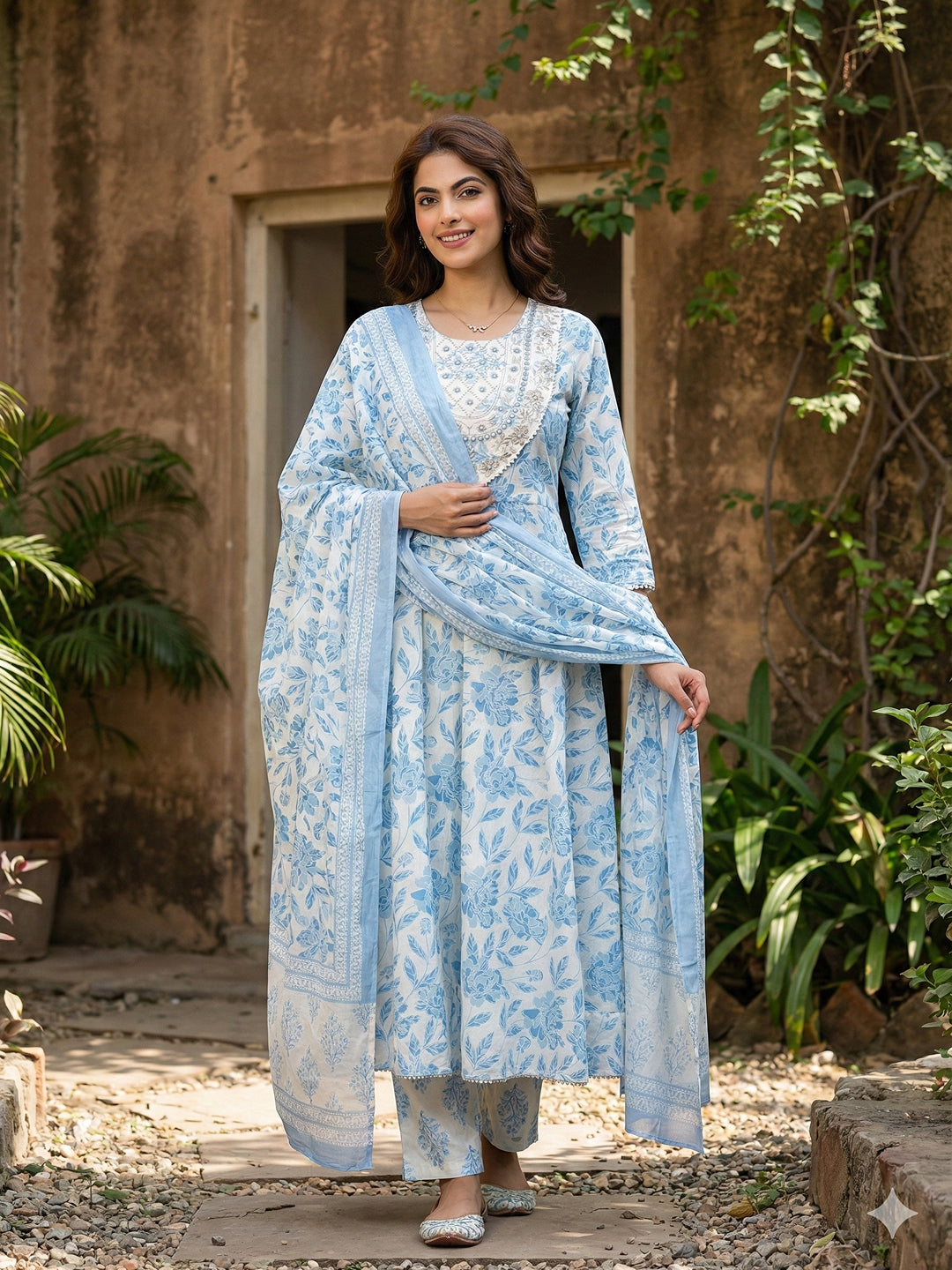 Jaitpuriya Sky Blue And White Pure Cotton Anarkali Regular Kurta Set