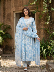 Jaitpuriya Sky Blue And White Pure Cotton Anarkali Regular Kurta Set