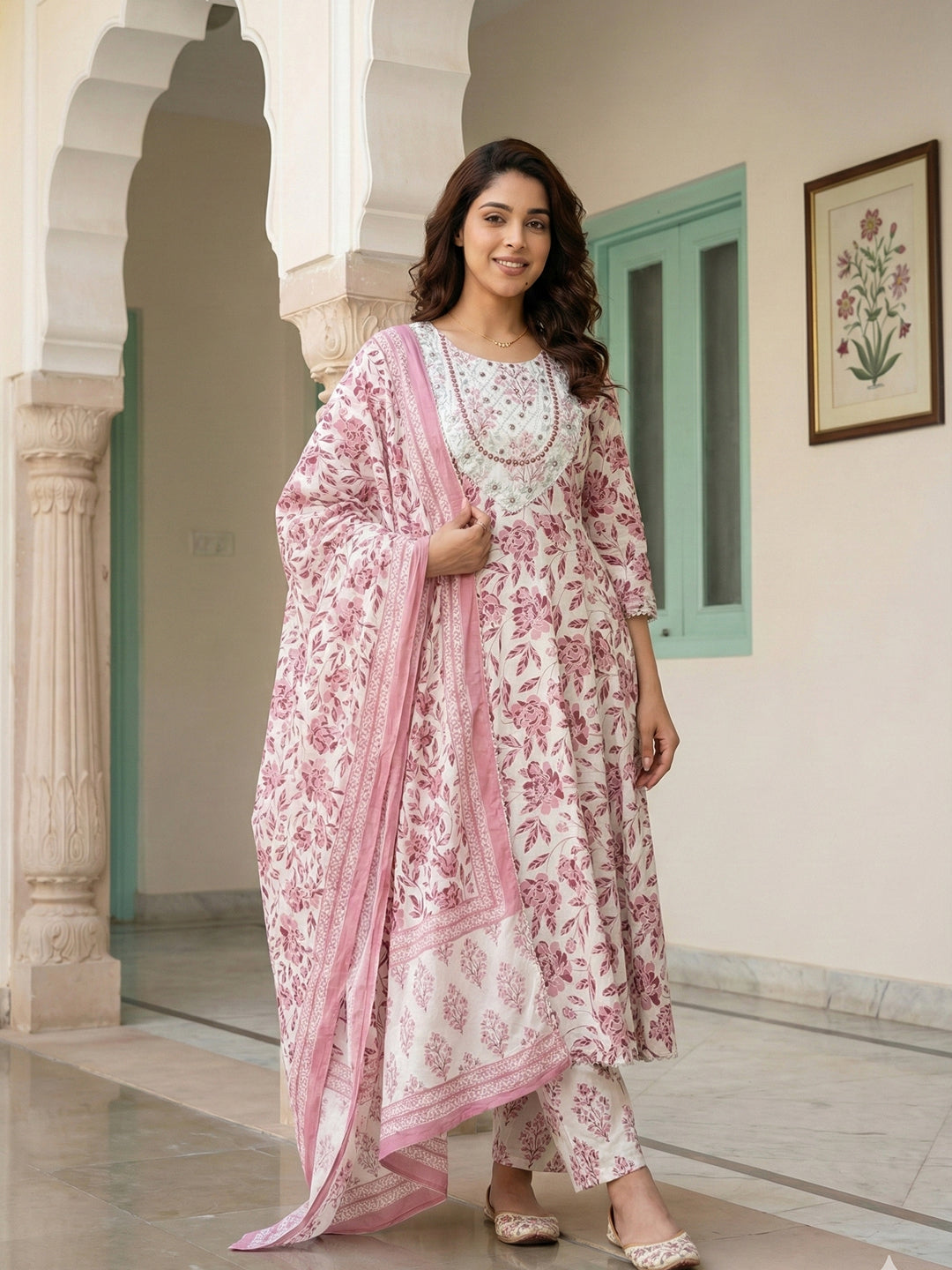 Jaitpuriya Maroon And White Pure Cotton Anarkali Regular Kurta Set