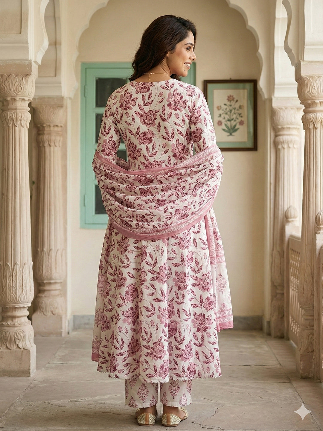 Jaitpuriya Maroon And White Pure Cotton Anarkali Regular Kurta Set