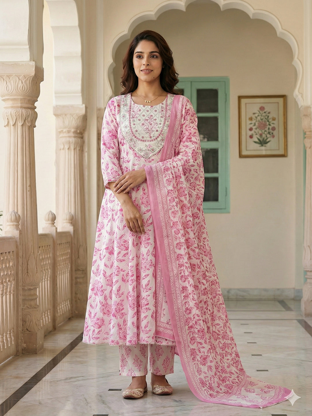 Jaitpuriya Pink And White Pure Cotton Anarkali Regular Kurta Set