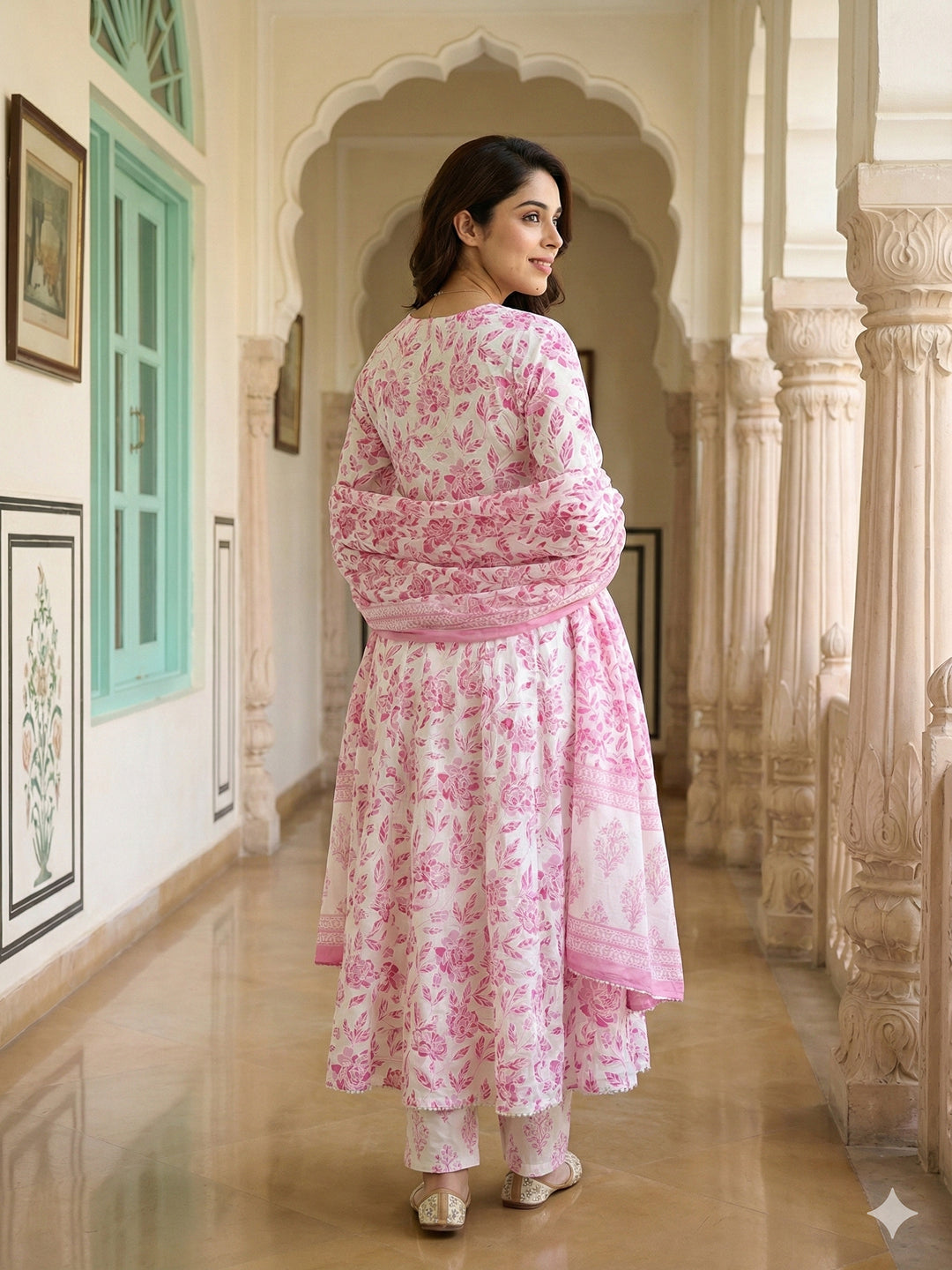 Jaitpuriya Pink And White Pure Cotton Anarkali Regular Kurta Set