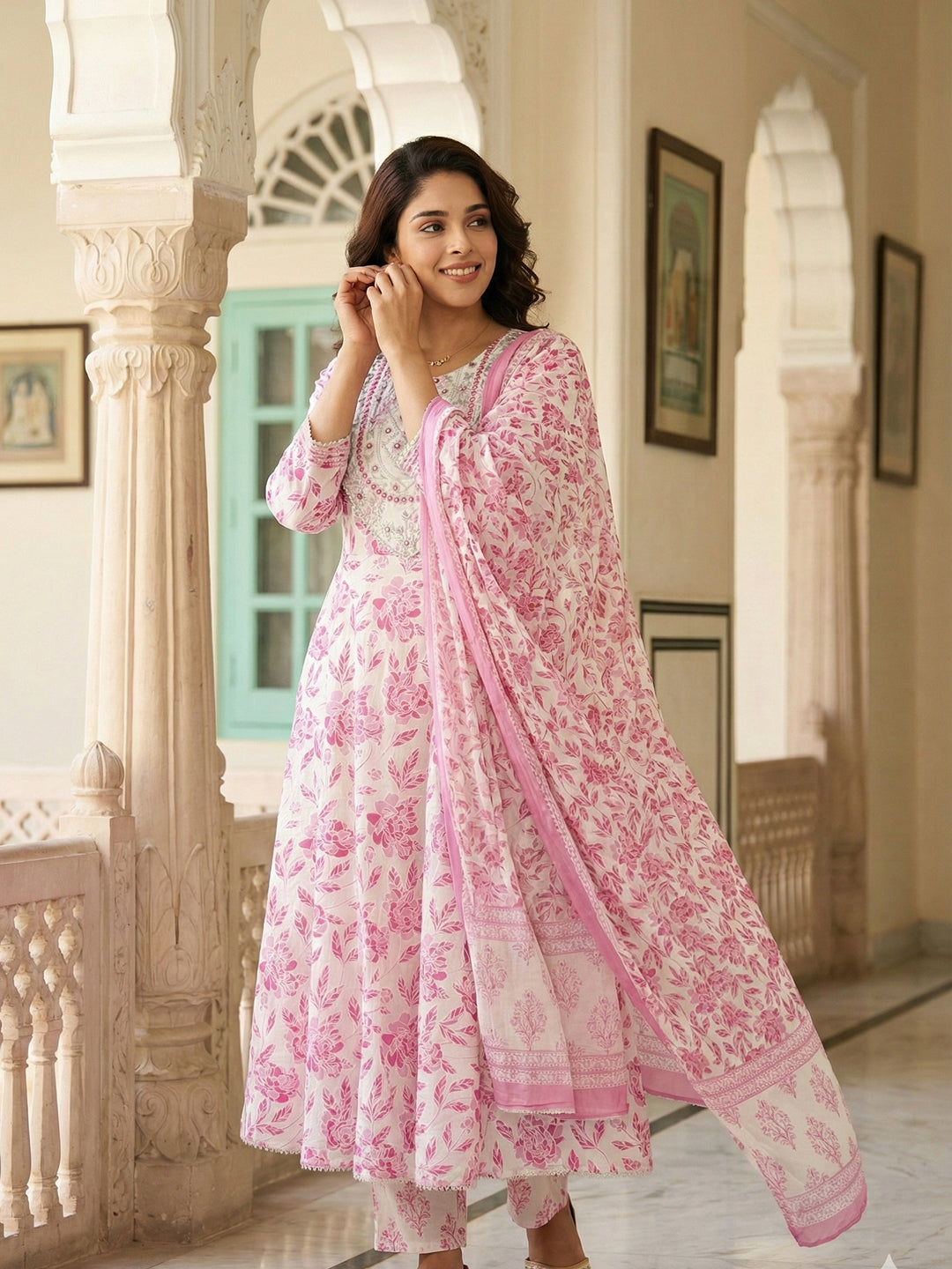 Jaitpuriya Pink And White Pure Cotton Anarkali Regular Kurta Set
