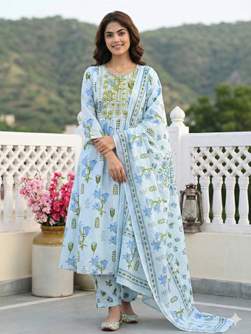 Jaitpuriya Sky Blue And White Pure Cotton Anarkali Pleated Kurta Set
