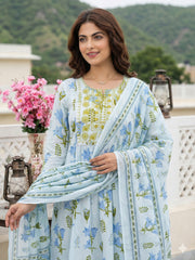 Jaitpuriya Sky Blue And White Pure Cotton Anarkali Pleated Kurta Set