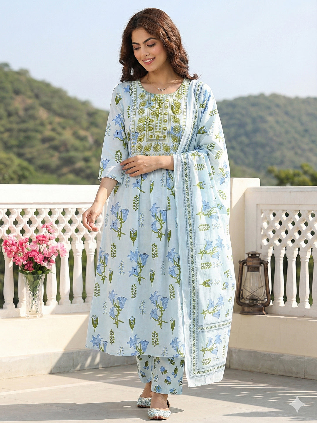 Jaitpuriya Sky Blue And White Pure Cotton Anarkali Pleated Kurta Set