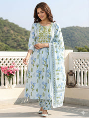 Jaitpuriya Sky Blue And White Pure Cotton Anarkali Pleated Kurta Set