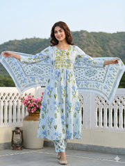 Jaitpuriya Sky Blue And White Pure Cotton Anarkali Pleated Kurta Set
