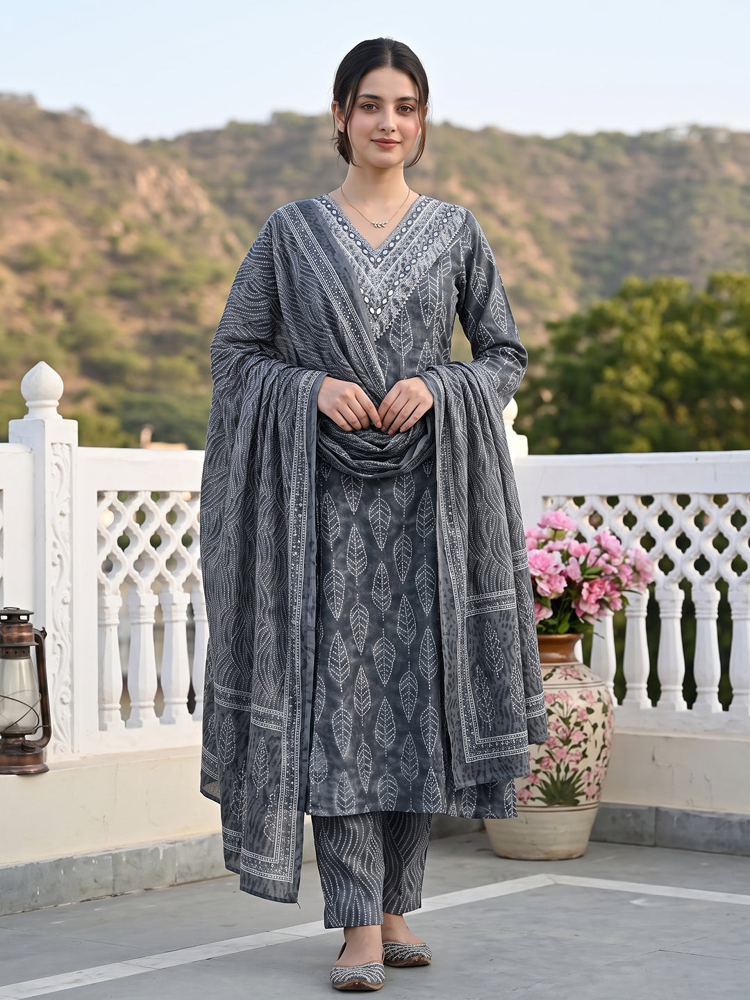 Jaitpuriya Grey Pure Cotton A-line Regular Kurta Set