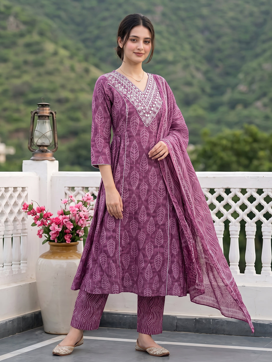 Jaitpuriya Mauve Pure Cotton A-line Regular Kurta Set