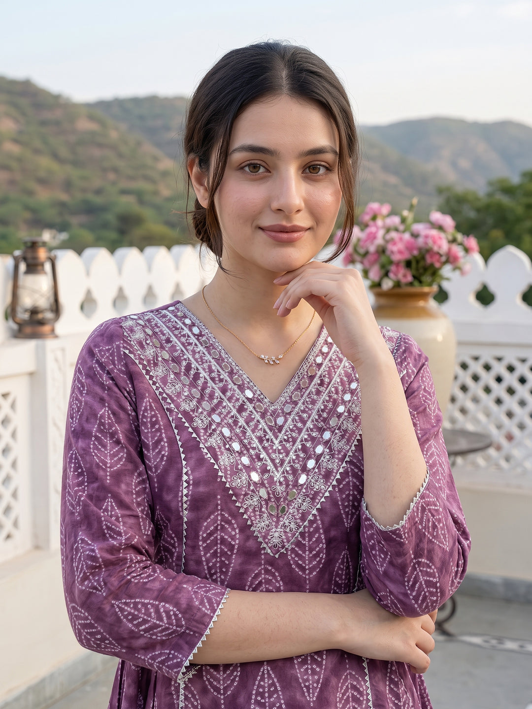 Jaitpuriya Mauve Pure Cotton A-line Regular Kurta Set