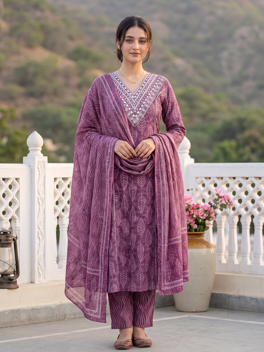 Jaitpuriya Mauve Pure Cotton A-line Regular Kurta Set