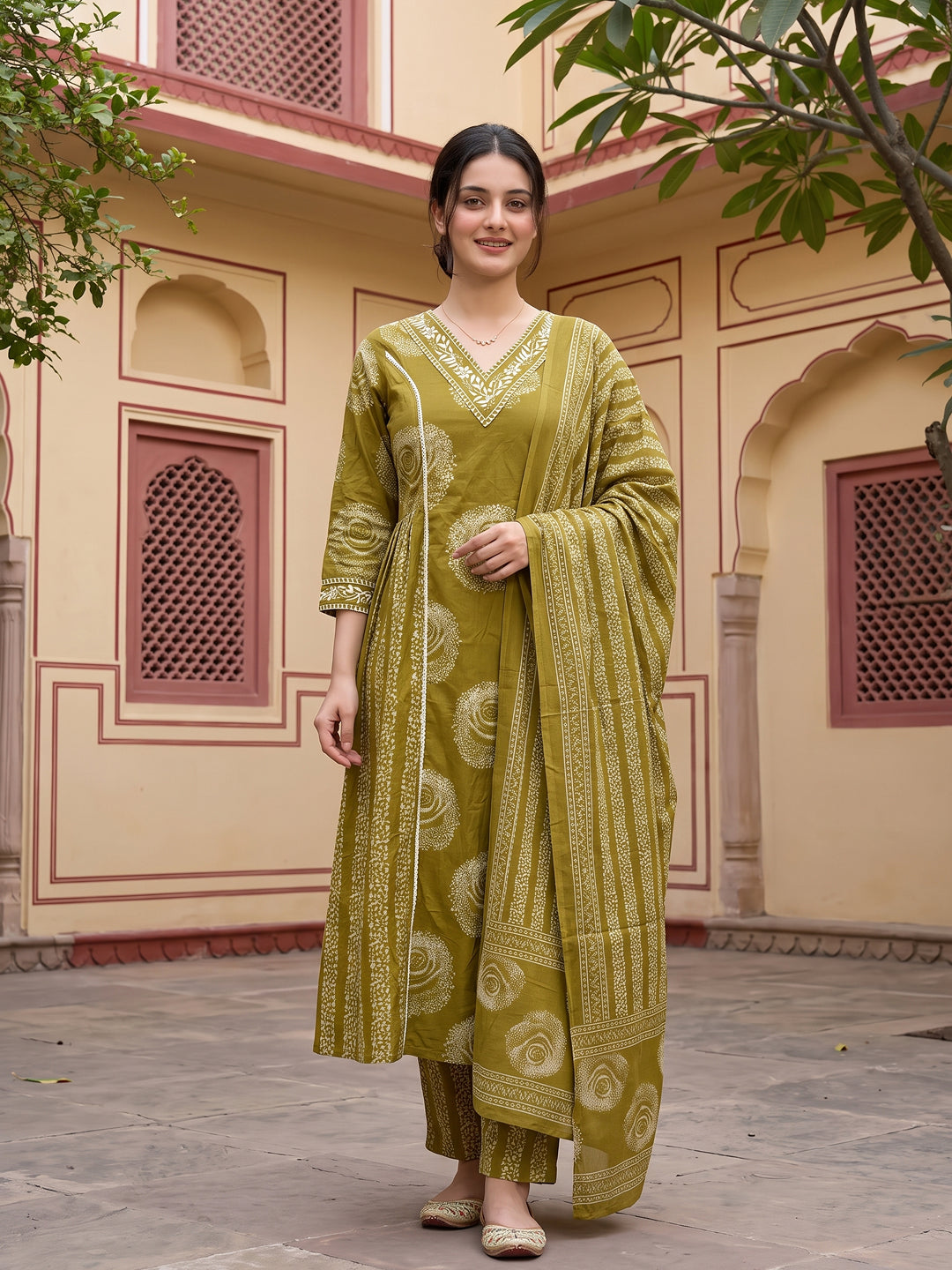 Olive Green Pure Cotton A-line PRIENCESS CUT Kurta Set