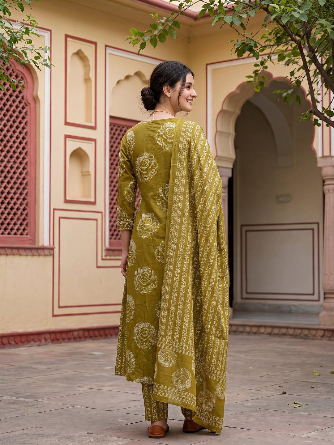 Olive Green Pure Cotton A-line PRIENCESS CUT Kurta Set