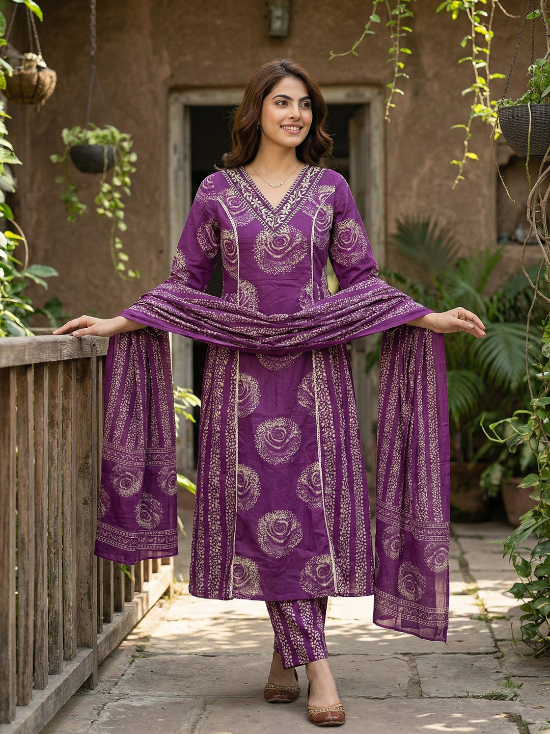 Jaitpuriya Purple Pure Cotton A-line PRIENCESS cUT Kurta Set
