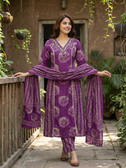 Jaitpuriya Purple Pure Cotton A-line PRIENCESS cUT Kurta Set