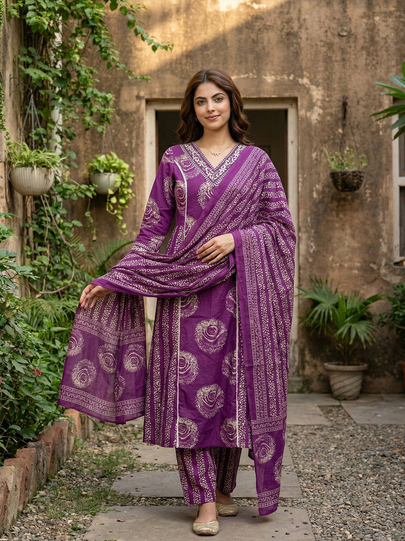 Jaitpuriya Purple Pure Cotton A-line PRIENCESS cUT Kurta Set