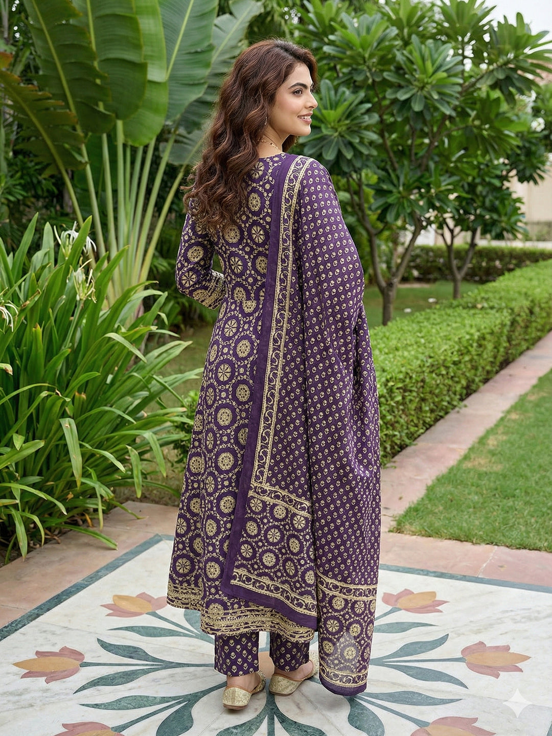 Jaitpuriya Purple And Cream Pure Cotton Anarkali Regular Kurta Set