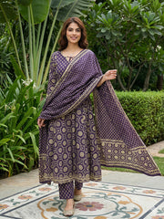 Jaitpuriya Purple And Cream Pure Cotton Anarkali Regular Kurta Set