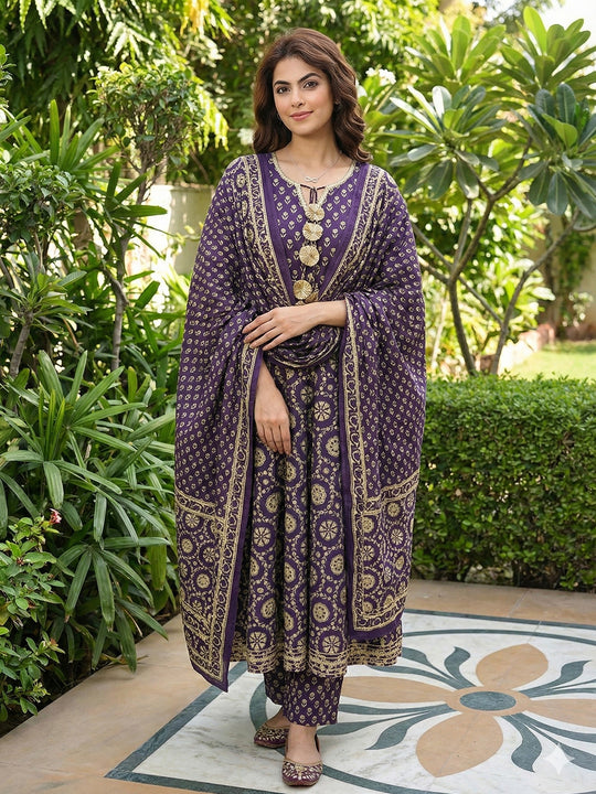 Jaitpuriya Purple And Cream Pure Cotton Anarkali Regular Kurta Set