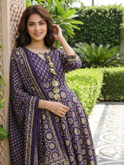 Jaitpuriya Purple And Cream Pure Cotton Anarkali Regular Kurta Set