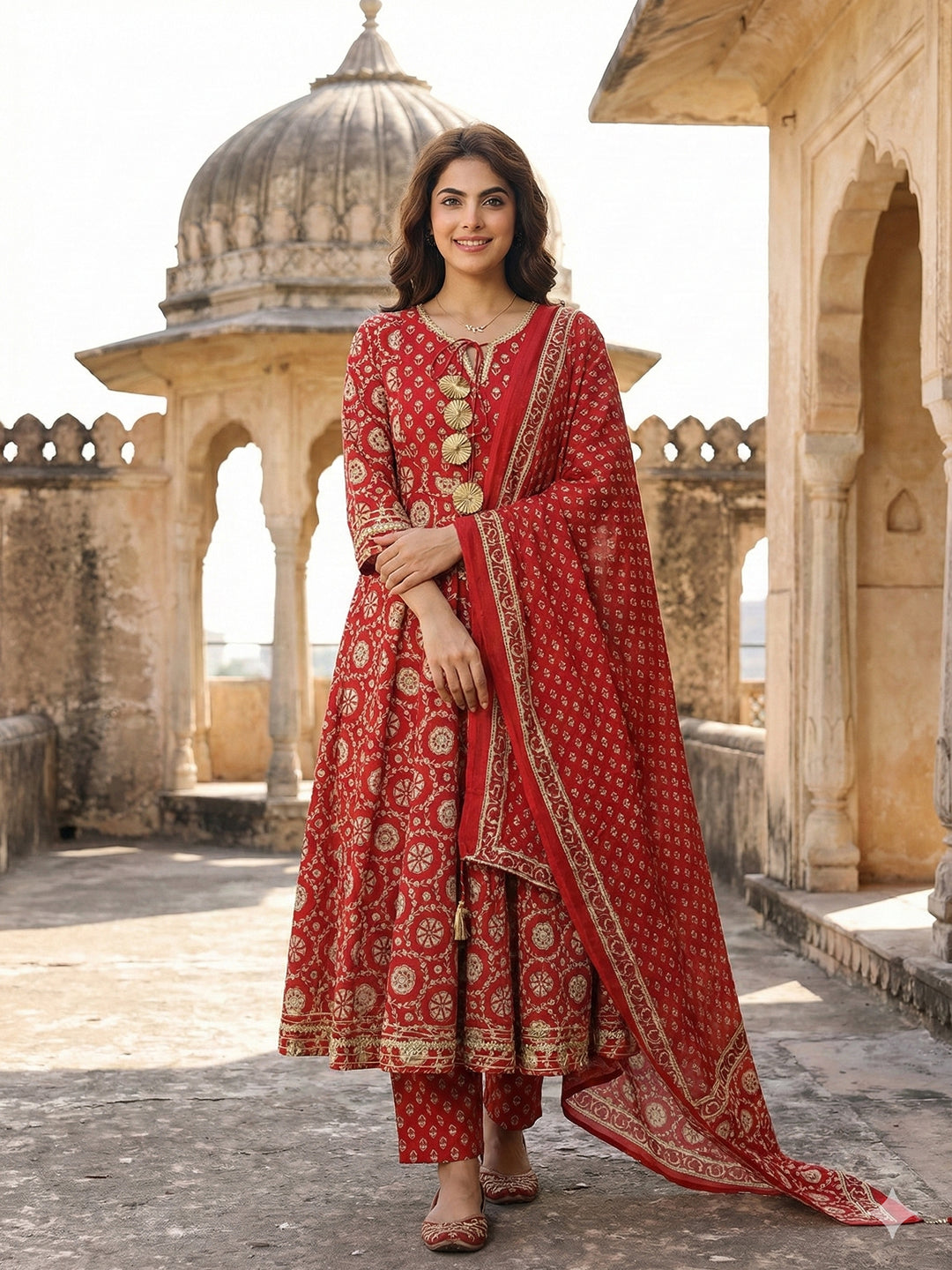Jaitpuriya Red And Cream Pure Cotton Anarkali Regular Kurta Set