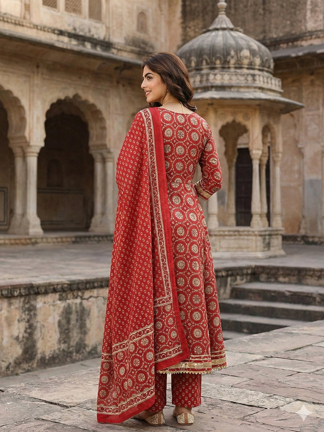 Jaitpuriya Red And Cream Pure Cotton Anarkali Regular Kurta Set