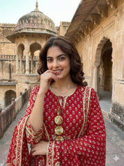 Jaitpuriya Red And Cream Pure Cotton Anarkali Regular Kurta Set