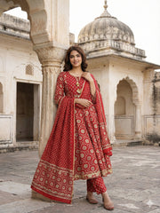 Jaitpuriya Red And Cream Pure Cotton Anarkali Regular Kurta Set
