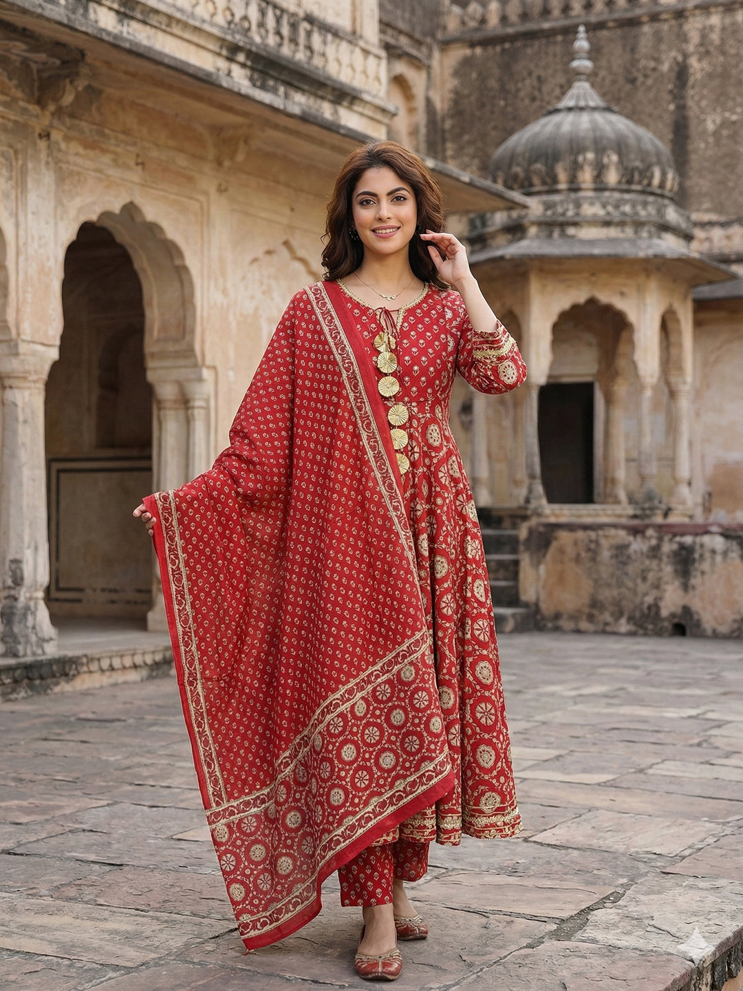 Jaitpuriya Red And Cream Pure Cotton Anarkali Regular Kurta Set