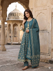 Jaitpuriya Teal Blue And Cream Pure Cotton Anarkali Regular Kurta Set