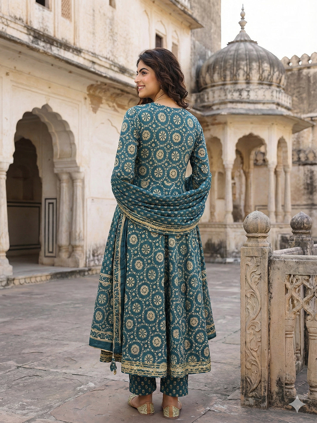 Jaitpuriya Teal Blue And Cream Pure Cotton Anarkali Regular Kurta Set