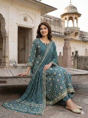 Jaitpuriya Teal Blue And Cream Pure Cotton Anarkali Regular Kurta Set