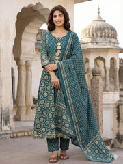 Jaitpuriya Teal Blue And Cream Pure Cotton Anarkali Regular Kurta Set
