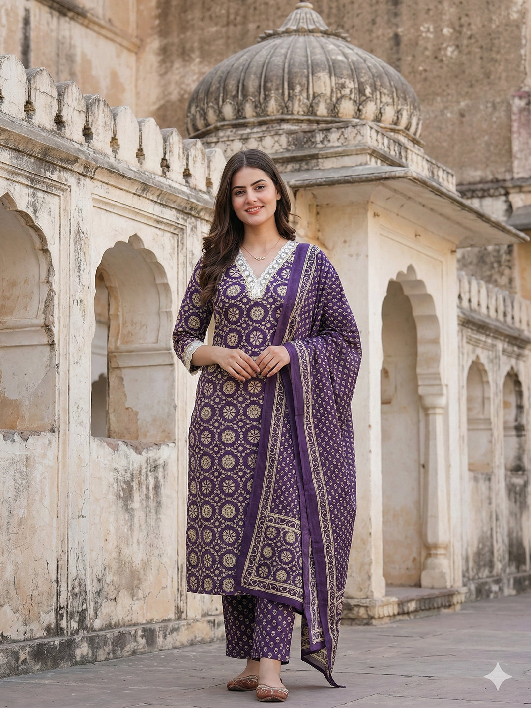 Jaitpuriya Purple And Cream Pure Cotton Straight Regular Kurta Set