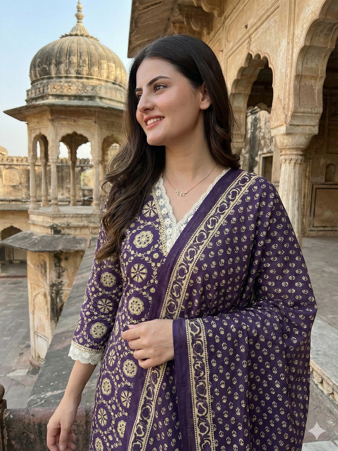 Jaitpuriya Purple And Cream Pure Cotton Straight Regular Kurta Set