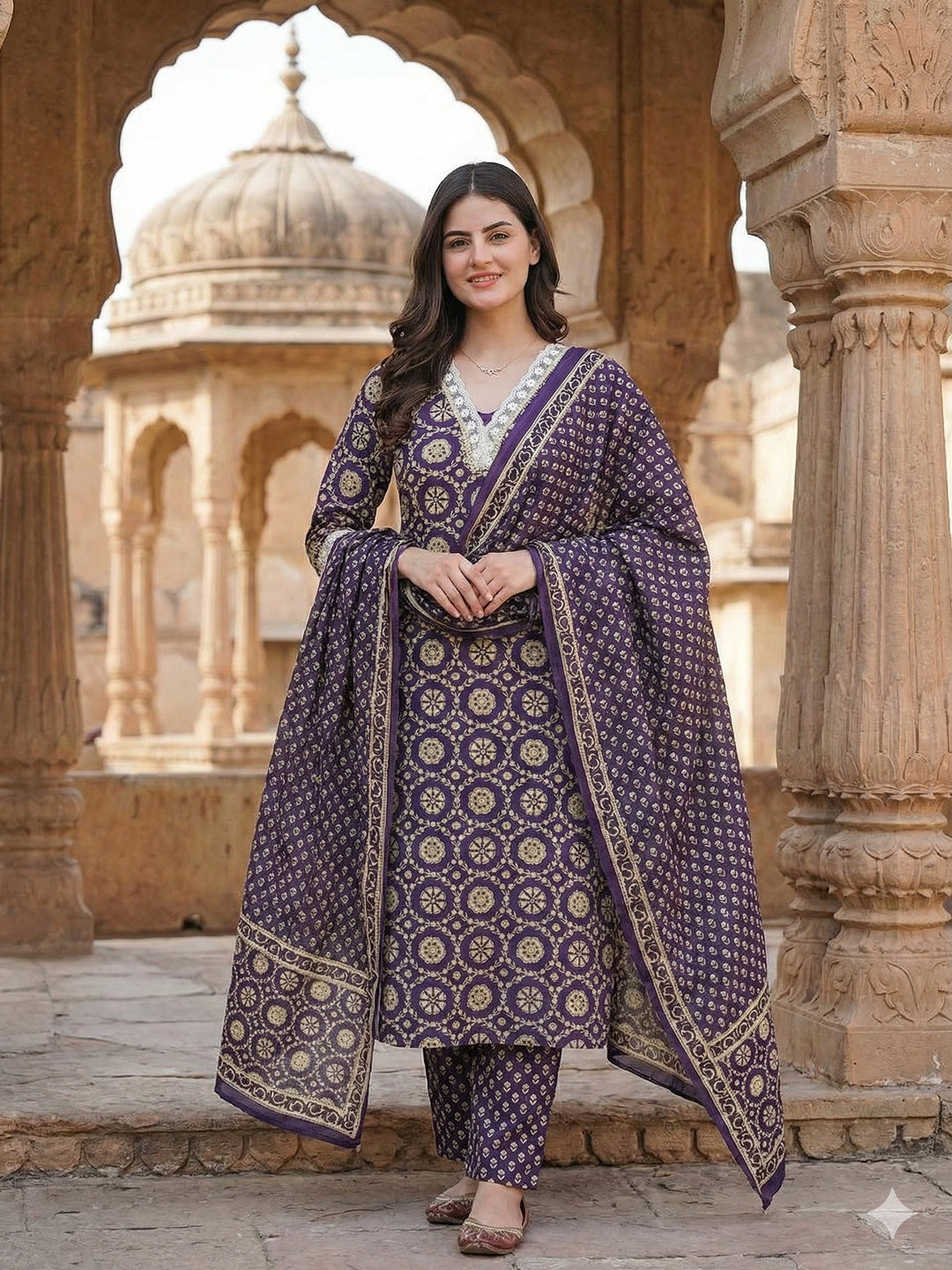 Jaitpuriya Purple And Cream Pure Cotton Straight Regular Kurta Set