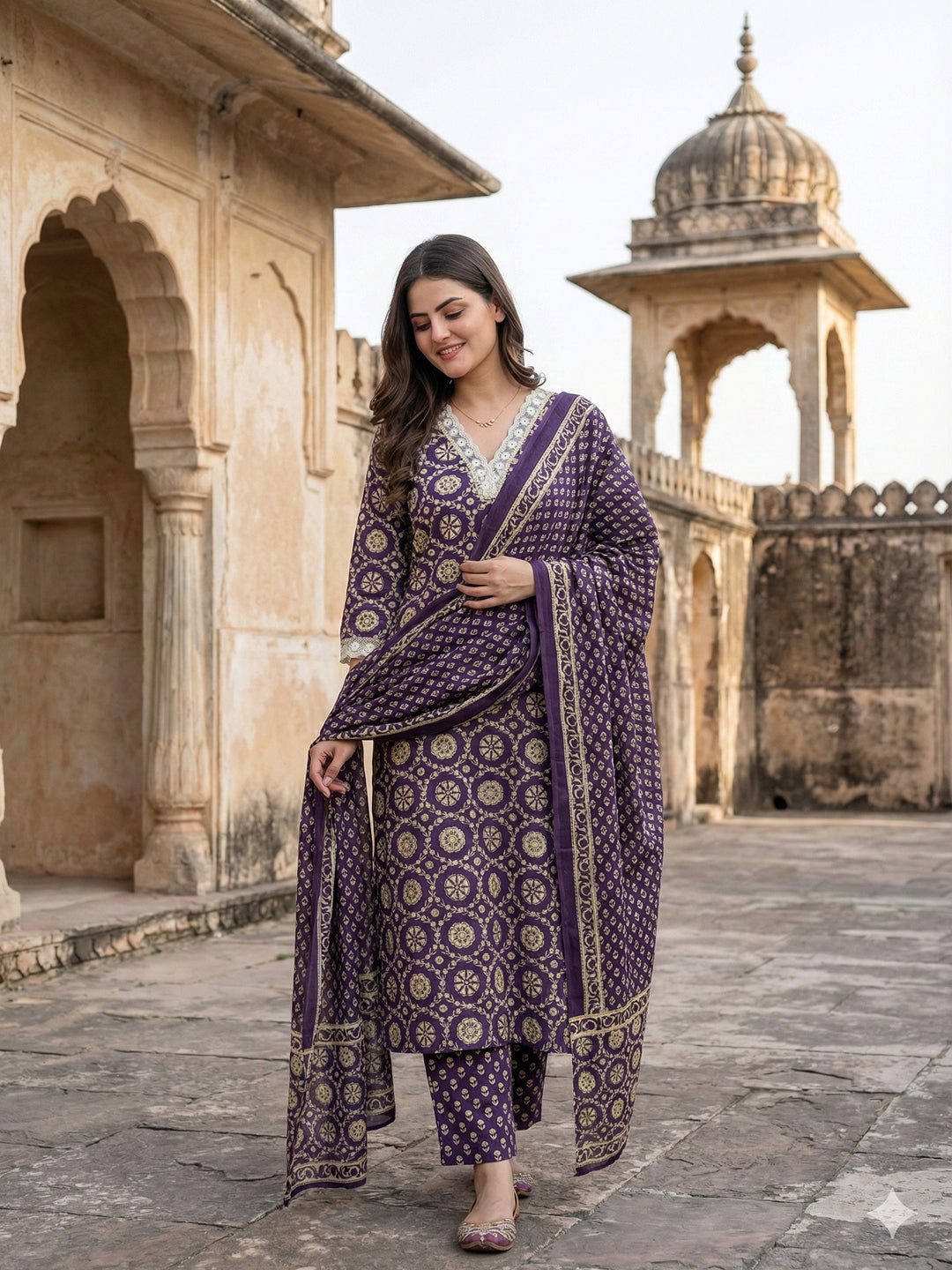 Jaitpuriya Purple And Cream Pure Cotton Straight Regular Kurta Set