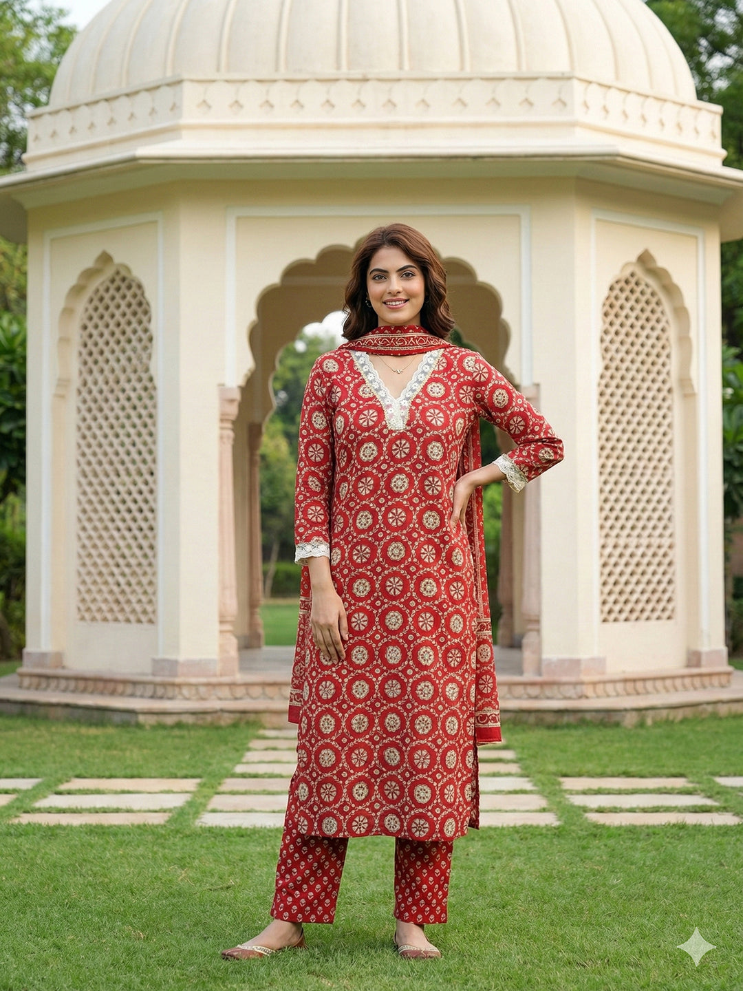 Jaitpuriya Red And Cream Pure Cotton Straight Regular Kurta Set