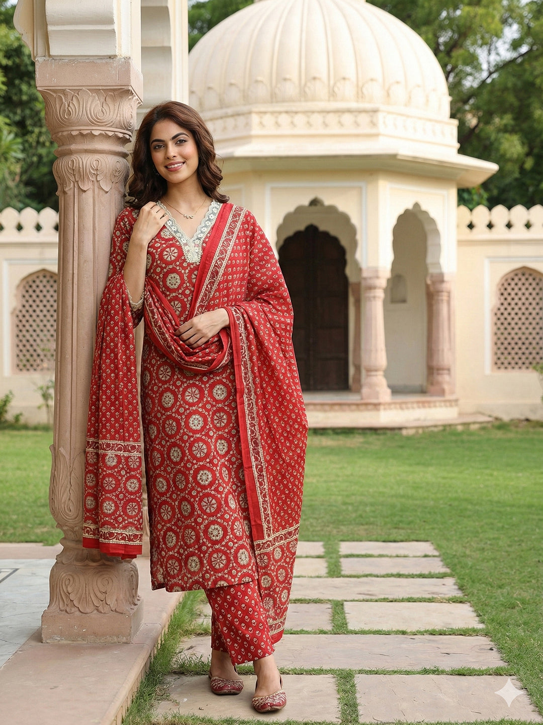 Jaitpuriya Red And Cream Pure Cotton Straight Regular Kurta Set