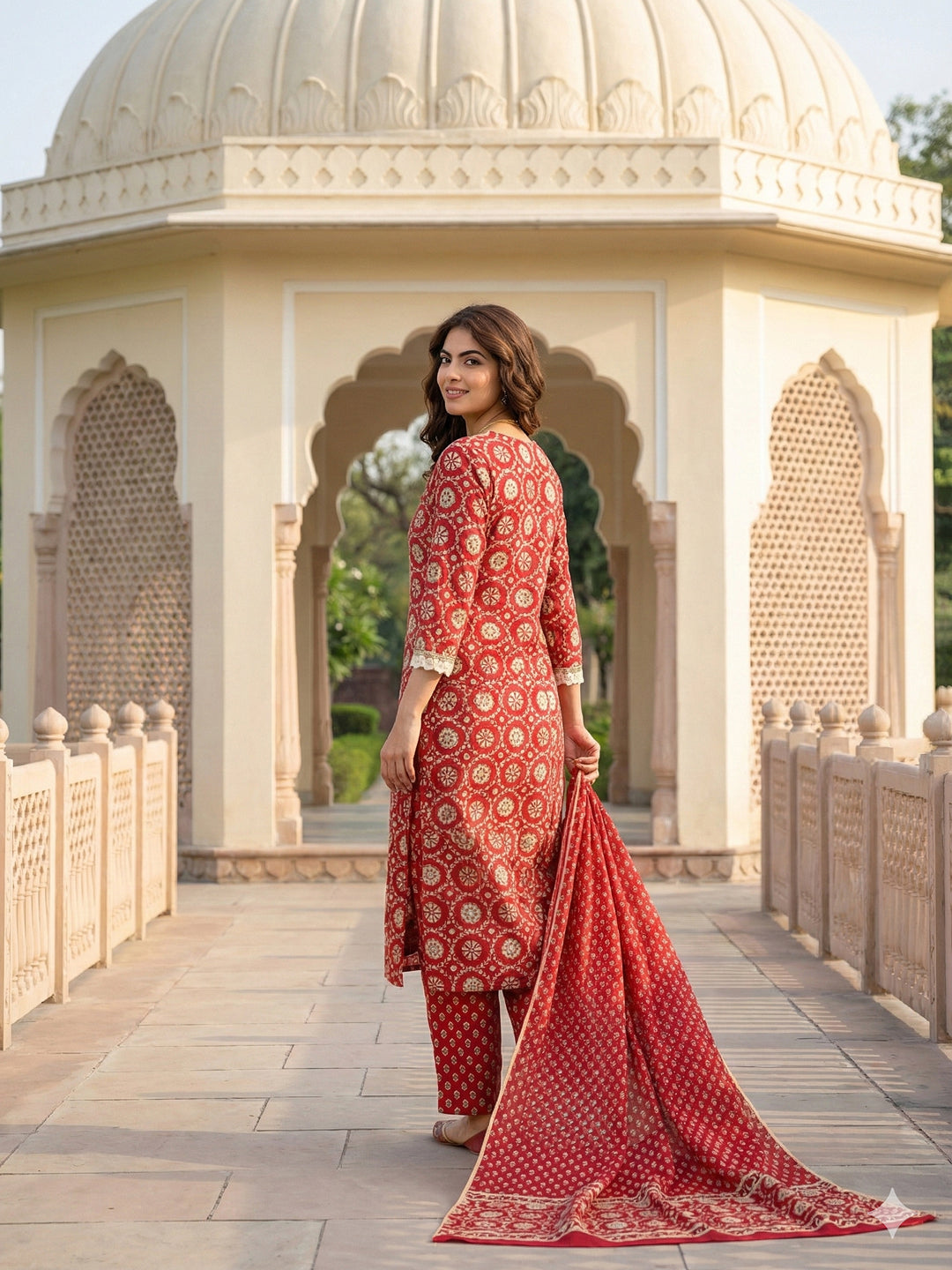 Jaitpuriya Red And Cream Pure Cotton Straight Regular Kurta Set