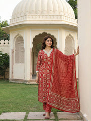 Jaitpuriya Red And Cream Pure Cotton Straight Regular Kurta Set