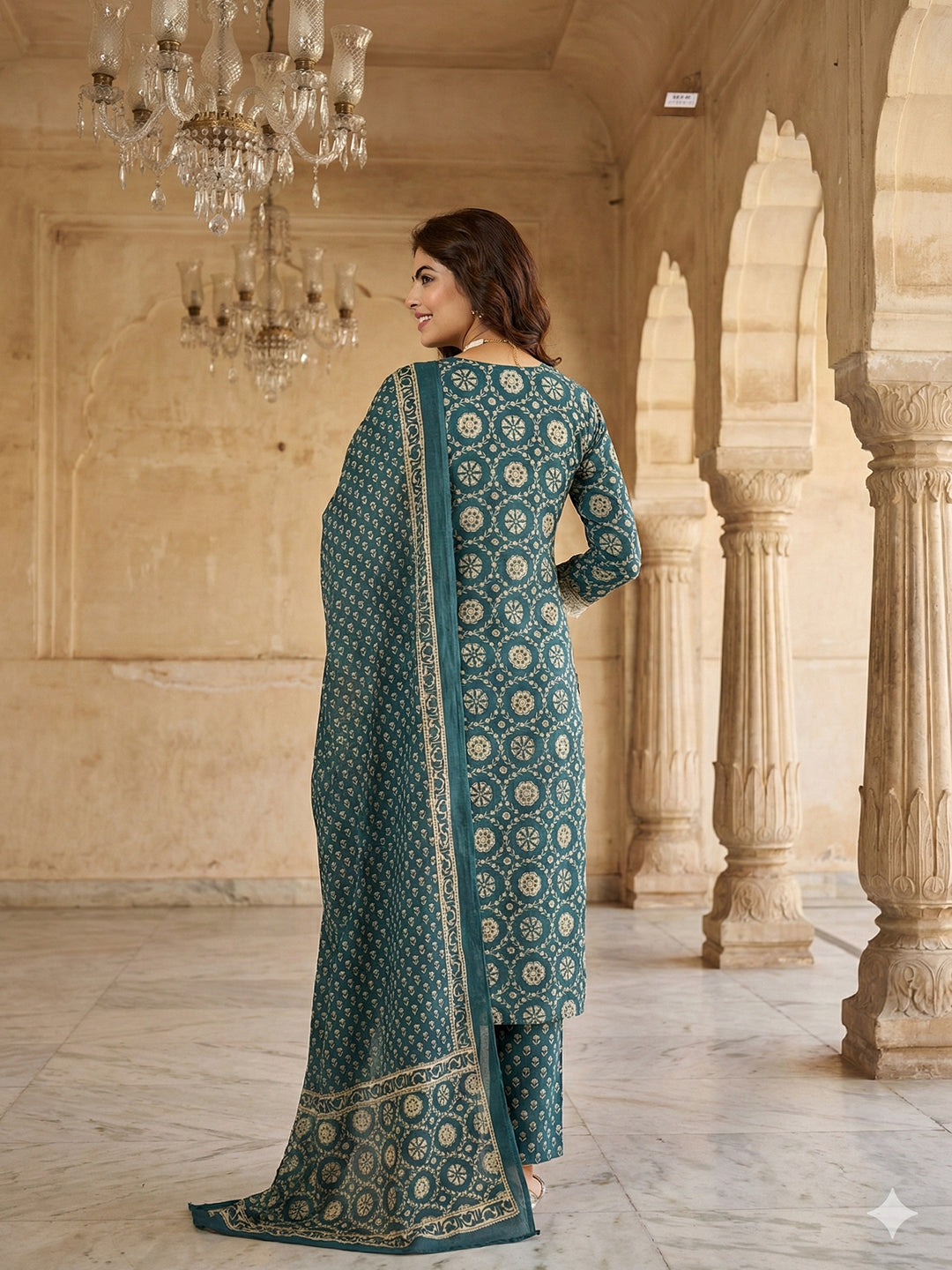 Jaitpuriya Teal Blue And Cream Pure Cotton Straight Regular Kurta Set