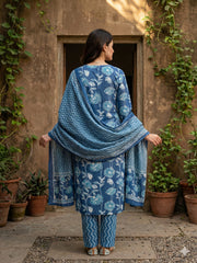 Jaitpuriya Blue Pure Cotton Straight Regular Kurta Set